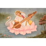 Painting of Goddess Saraswati sitting on the lotus